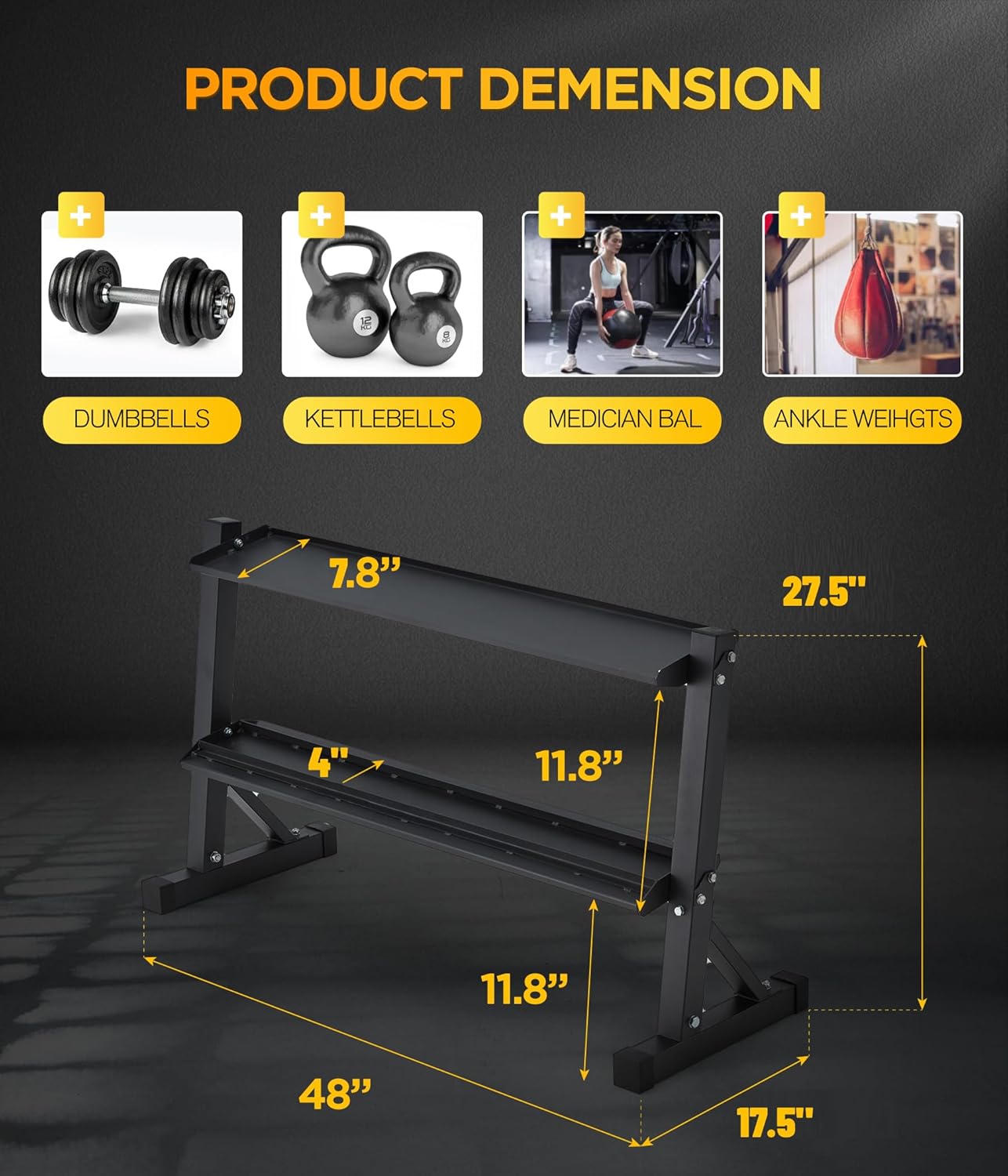 2-Tier 48" Dumbbell and Kettlebell Rack for Home Gym, 1000LBS Weights Storage for Free Weights, Dumbbells, Kettlebells and Medicine Ball - Image 3