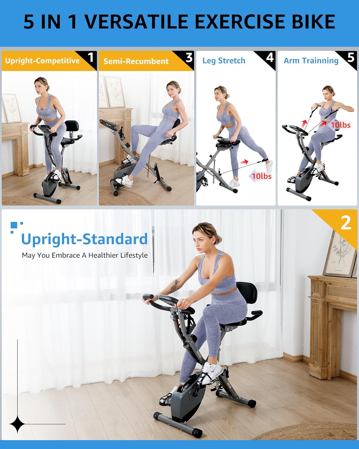 Indoor Exercise Bike for Seniors, 5 IN 1 Foldable Stationary Bike with Tri-Position Ride, 300LBS Capacity and 5.5 LBS Flywheel, Designed for Home Gym - Image 4