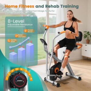 pooboo Foldable Exercise Bike, Stationary Bike with Elliptical Mode, 8-Level Magnetic Resistance, Silent Indoor Bike for Home Fitness and Rehab Training, Adjustable Seat&Handrail, LCD monitor, 300LBS