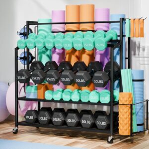 Dumbbell Rack Weight Stand – Adjustable Weight Rack for Dumbbells, Home Gym Storage Rack for Yoga Mat Foam Roller Kettlebells, Workout Equipment Storage Organizer With Wheels