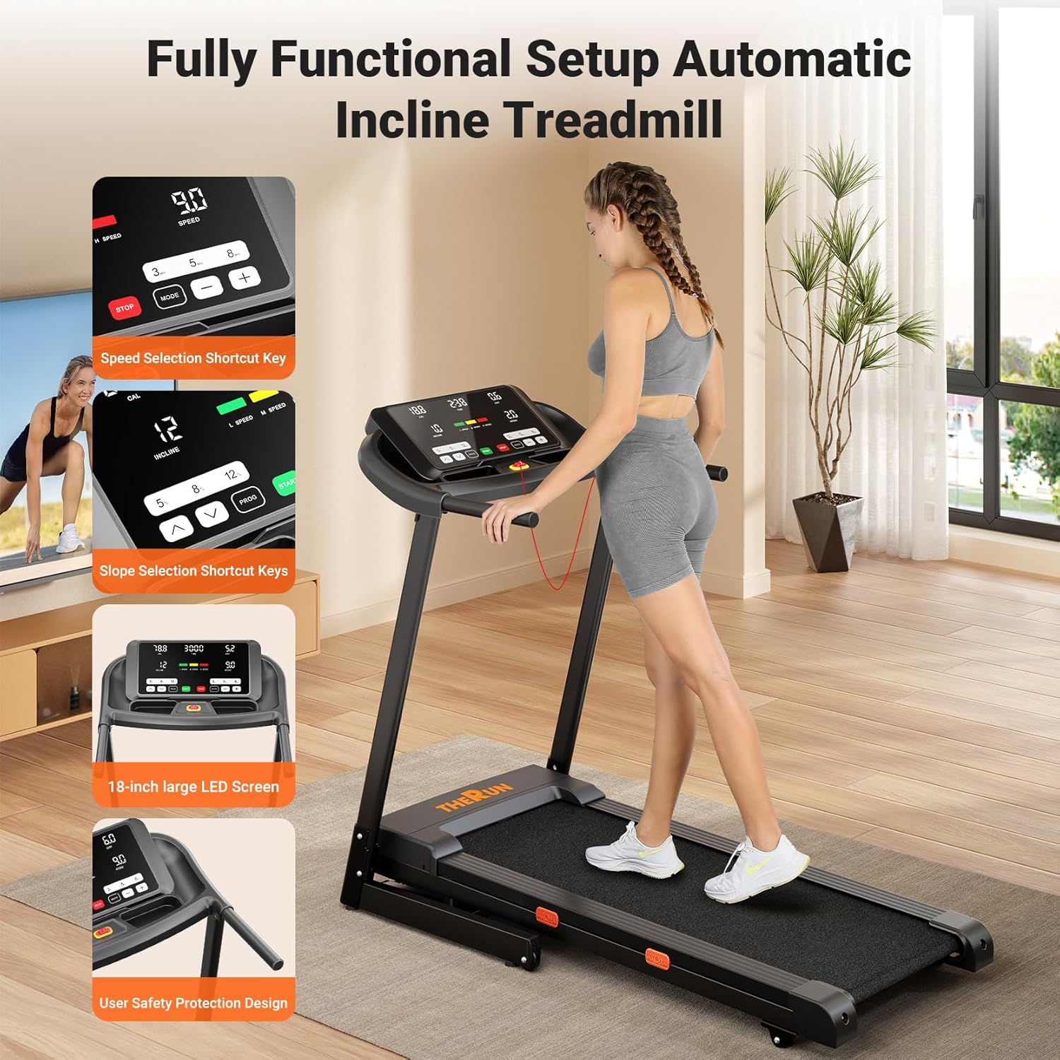 THERUN Incline Treadmill for Running and Walking, 300 lbs Weight Capacity, Wide Belt, 3.0 HP, 18" LED Screen, 2 Layers Shock-Absorbing - Image 7