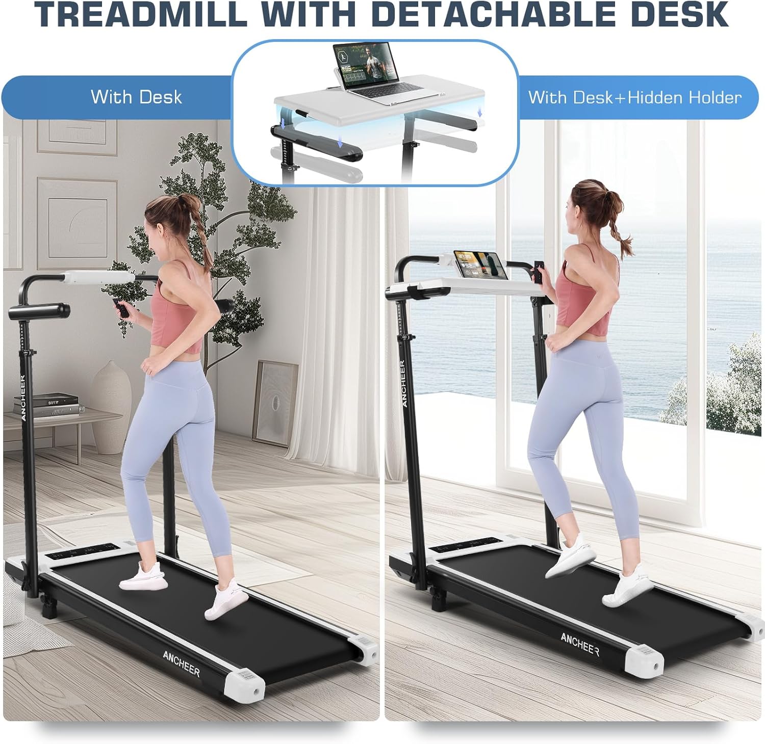 ANCHEER Walking Pad Treadmill with 12% Incline&Adjustable Height, 4 in 1 Under Desk Treadmills with Desk Workstation, Foldable Treadmill for Home 300lb,3 Type Control - Image 3