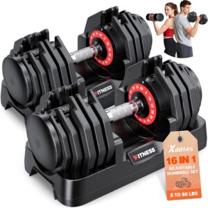XDDIAS Adjustable Dumbbell Set of 2, 25/55/80LB Dumbbell Set-Fast Adjust Weights Set, 5/10/16 in 1 Free Weights Dumbbells Set with Anti-Slip Metal Handle, Compact Size for Men/Women Home Gym Equipment