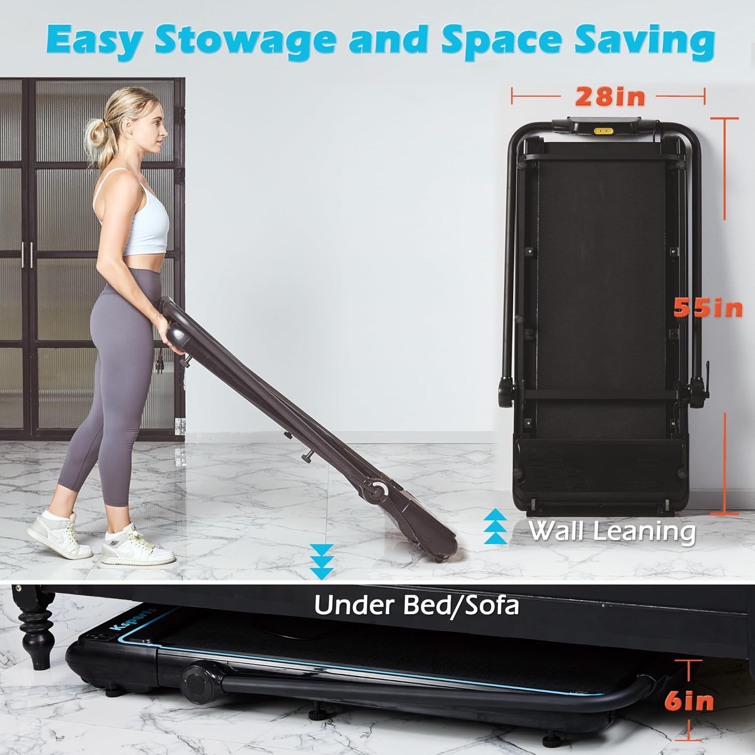 Ksports Walking Pad & Folding Treadmill – 2.5HP, Sit-Ups Mat, Bluetooth App, Portable Wheels | Incline, Desk, Dual Displays, 308 lbs & 265lbs Capacity - Image 4