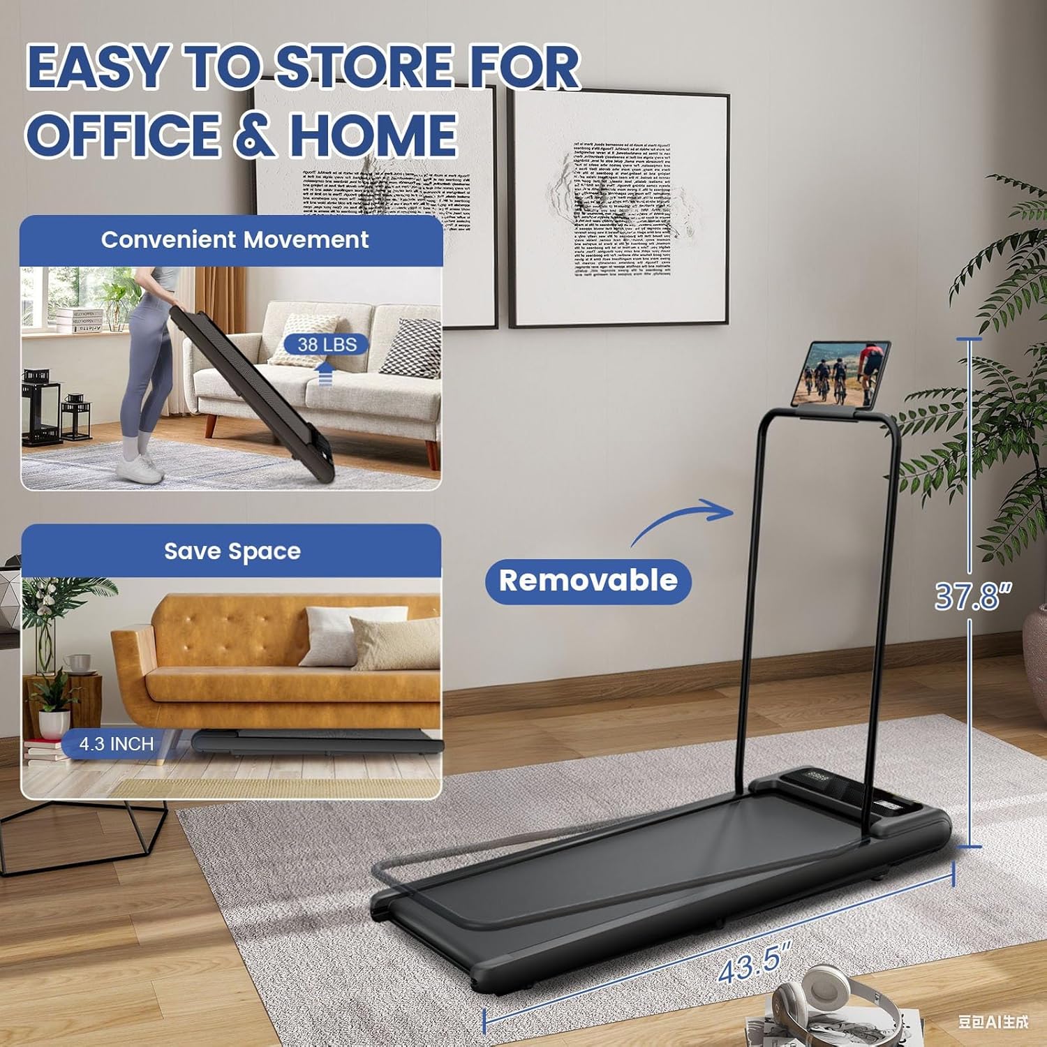 Portable Walking Pad with Handle Bar, 2.5HP Treadmill with Incline, Under Desk Treadmill for Home, 300LBS Capacity, Remote Control, Compact Walking Pad with Clear LED Display - Image 5