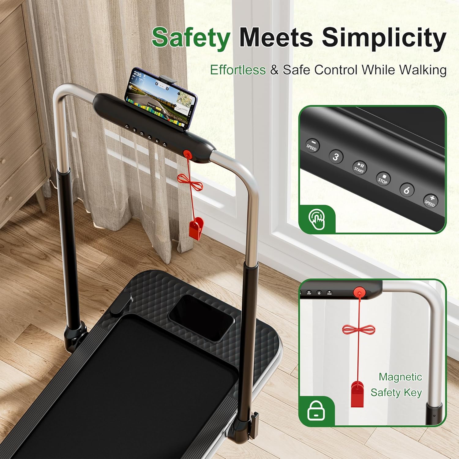 WELLFIT Folding Treadmill with 10% Incline,340+ lbs Capacity Portable Treadmills with Handlebar, Under Desk Treadmill for Home Office,Low Noise Walking Pad with Smart Voice Control for Jogging Running - Image 3