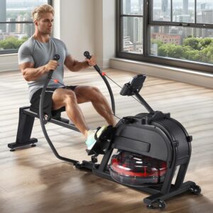 Rowing Machine, Magnetic Water Rower Machine for Home, 16 Levels of Quiet Resistance, Extended Slide Rail with Max 350lb Weight Capacity, App Compatible, Full-Body Workout Fitness Rower