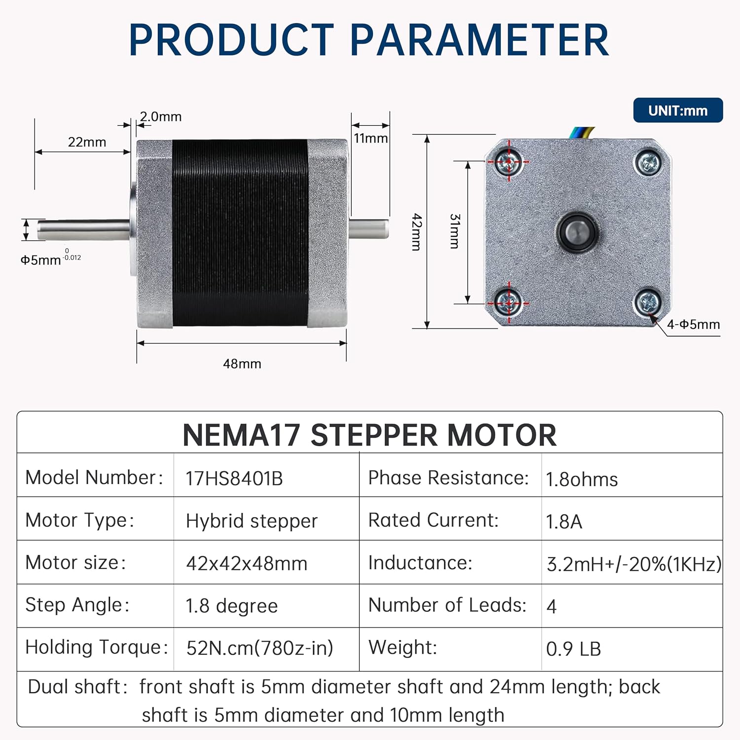 17HS8401 Nema17 Stepper Motor, 48mm 1.8A 1.8degree 78oz-in,2-Phase High Torque Hybrid CNC Stepper Motor,4-Lead Wire for 3D Printer,CNC Machine,Robot,CNC Router XYZ Axis (3pcs Dual Shaft) - Image 5