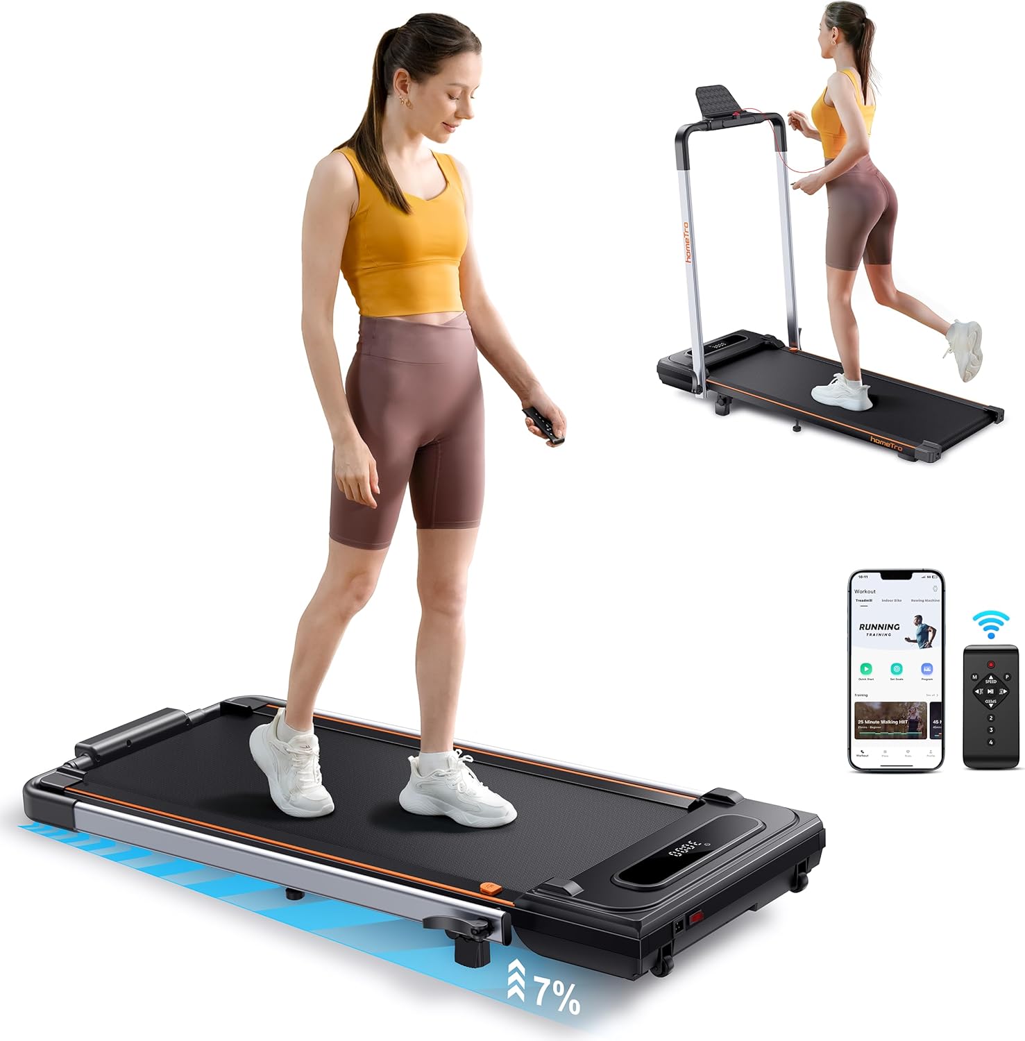 Foldable Treadmill with 7% Incline, Portable Under Desk Folding Walking Pad 0.6-7.5mph with Handle, Remote and App, 265lbs,No Assembly Needed