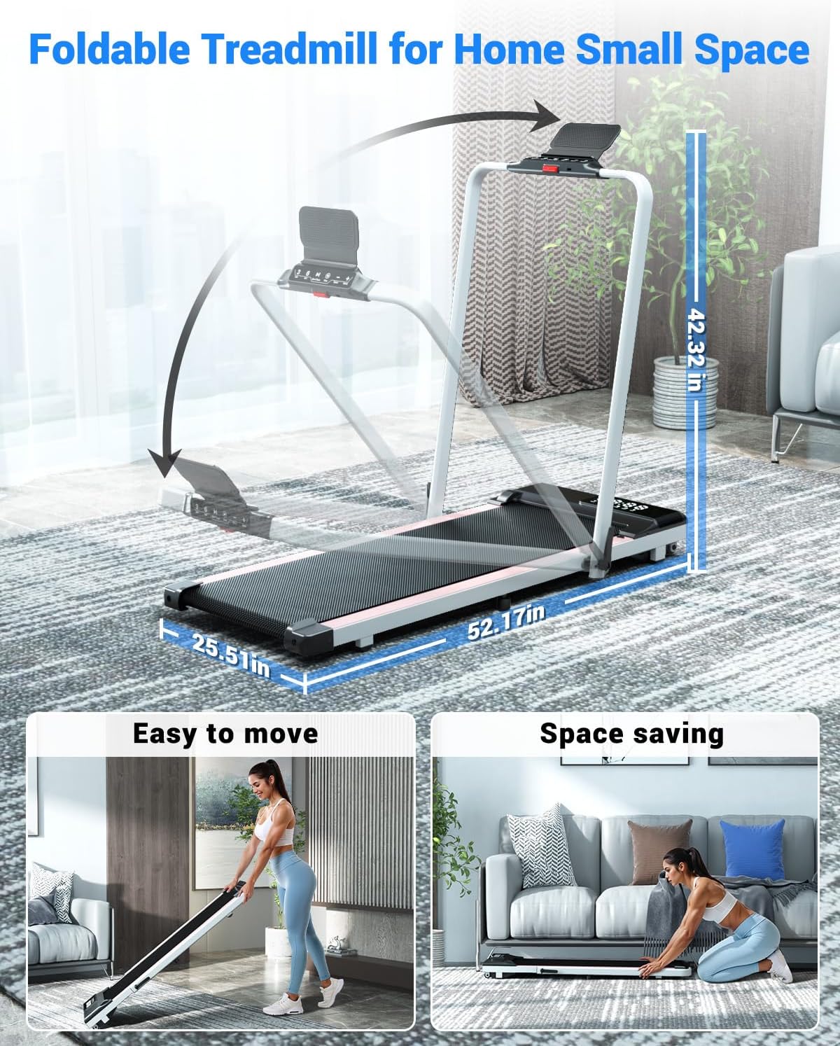 Walking Pad Treadmill with Handle Bar 3.0 HP Foldable Treadmills 300LBS Capacity Folding Walking Pad 3 in 1 Under Desk Treadmill Remote Control with APP - Image 4