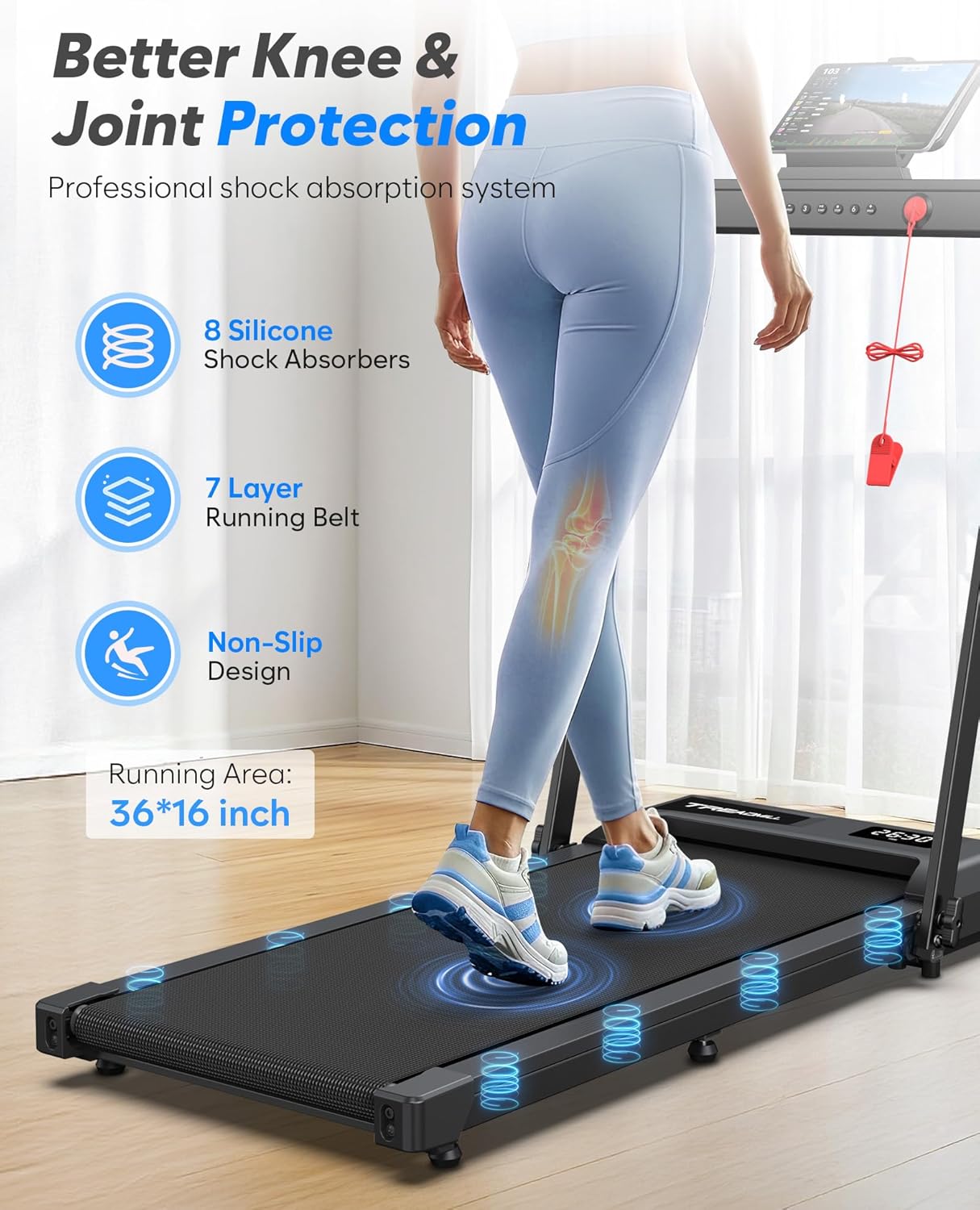 Foldable Treadmill with 10% Incline, Compact Walking Pad Treadmill with Safety Handle Bar, 3.0HP Quiet Under Desk Treadmills for Home/Office, 320 LBS Capacity, APP & Mute Remote Control - Image 8
