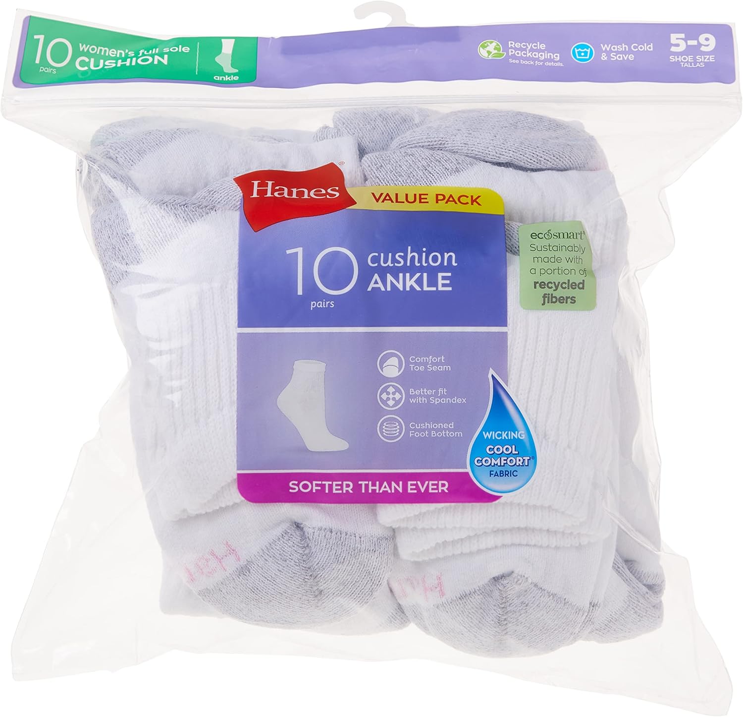 Hanes Women's Ankle, Moisture-Wicking Socks for Women, Cushioned Athletic Ankle Socks, 10-Pack - Image 5