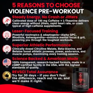Violence Pre Workout Powder for Men & Women, Clinically Dosed Preworkout, 180 mg Caffeine + L-Theanine, L Citrulline Malate, Beta Alanine, Alpha GPC – 25 Servings, Blood Orange – Energy, Focus & Pump