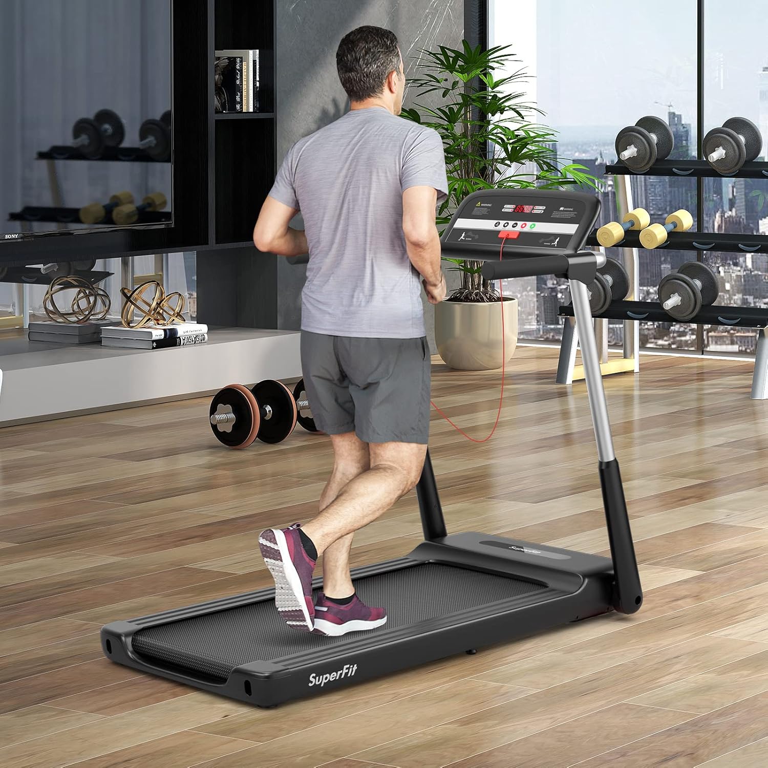 GYMAX Foldable Treadmill, 2.25HP Portable Treadmill with App Control & LED Monitor, Compact Running Walking Jogging Machine for Small Space, Home Gym Workout Fitness Folding Treadmill - Image 9