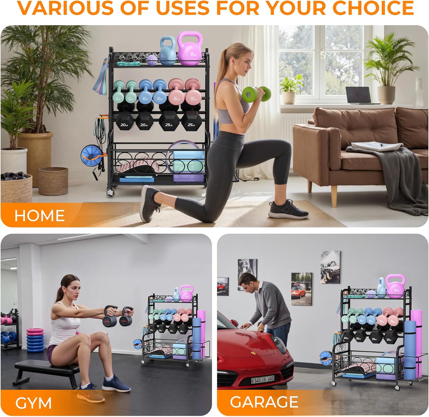 VOPEAK Dumbbell Rack, Weight Rack for Home Gym, Weight Rack for Dumbbells with Wheels and Hooks, Home Gym Storage Rack for Yoga Mat Kettlebells and Strength Training Equipment, Powder Coated Finish Steel - Image 7