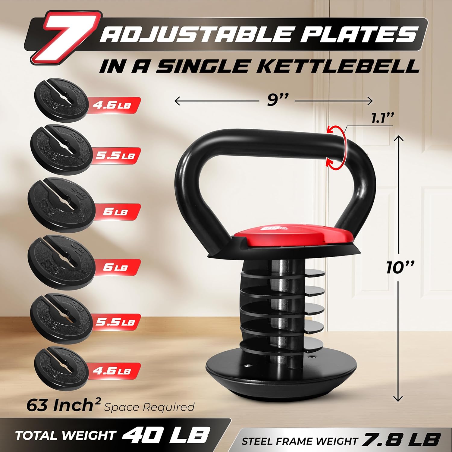 Yes4All Adjustable Kettlebell Set, 20–40 LB Weight Set, Solid Cast Iron Handle with Spacer Disks & Secure Lock, Space-Saving Kettlebell for Home Gym Strength Training, Black - Image 2