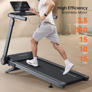 Foldable Treadmill with 15% Auto Incline & 10MPH – Commercial 3.5HP Brushless Quiet, 18″x48″ Wide Running Deck, Walking Pad Treadmill for Home Gym Office, 350lbs Capacity, APP – No Installation