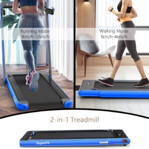 Goplus 2 in 1 Folding Treadmill with Dual Display, 2.25HP Superfit Under Desk Electric Pad Treadmill, Installation-Free, Blue Tooth Speaker, APP Control, Remote Control, Walking Jogging for Home