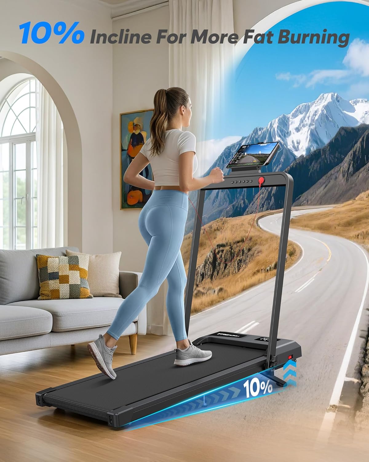 Foldable Treadmill with 10% Incline, Compact Walking Pad Treadmill with Safety Handle Bar, 3.0HP Quiet Under Desk Treadmills for Home/Office, 320 LBS Capacity, APP & Mute Remote Control - Image 3
