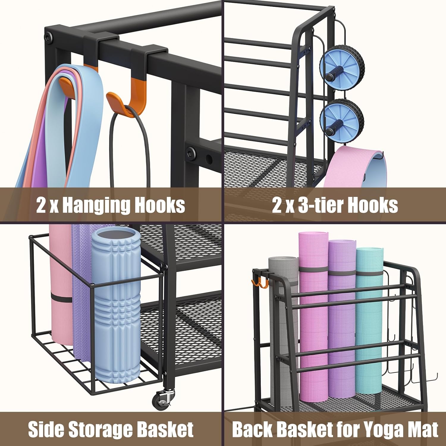 600LBS Weight Rack For Home Gym, Vopeak Dumbbell Rack Stand Only, Adjustable Weight Rack For Dumbbells, Kettlebells Yoga Mat, Home Gym Storage Rack With Wheels And Hooks, Powder Coated Finish Steel - Image 5