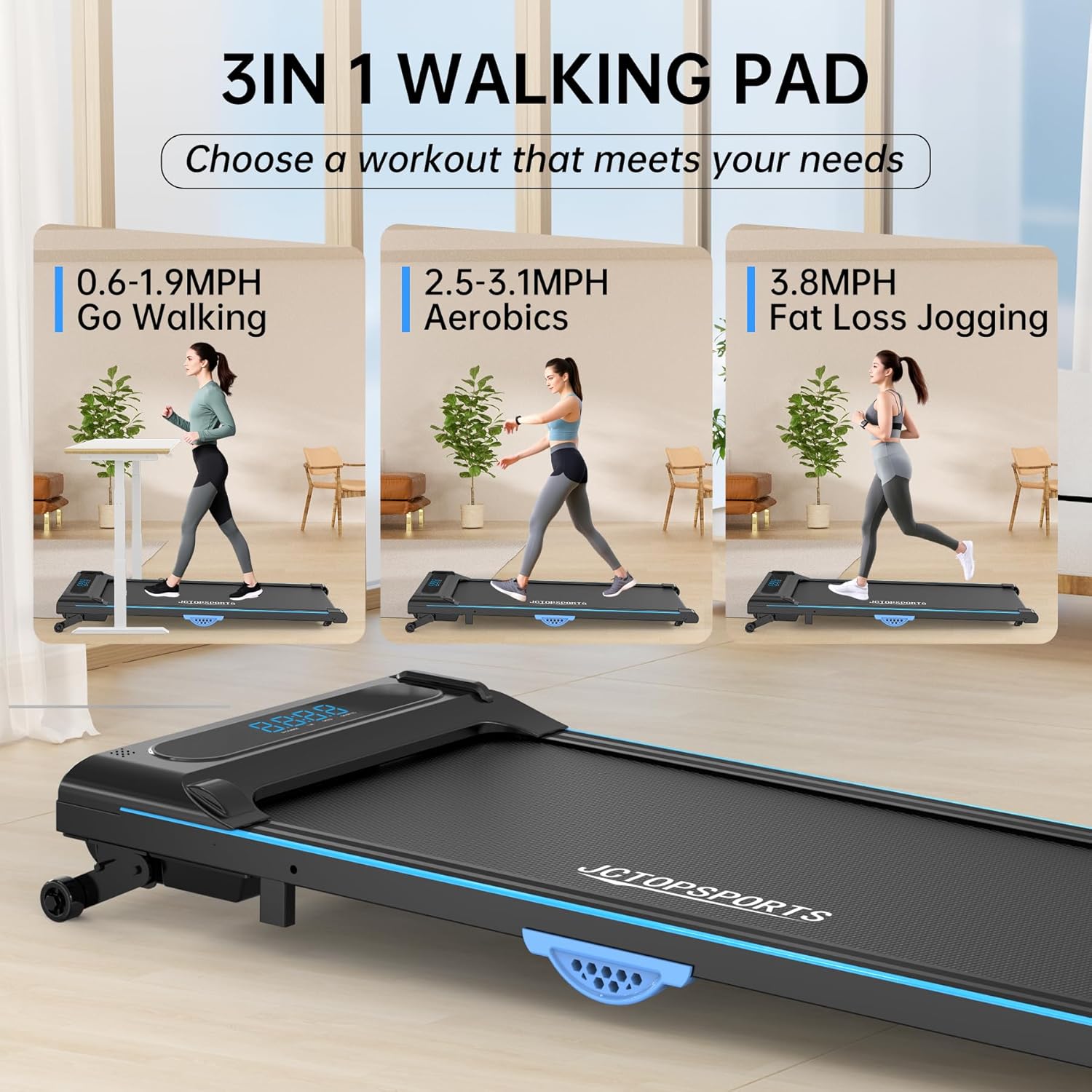 3-in-1 Treadmill for Home, Portable Walking Pad with Hand & Running Machine with Remote Control & LED Display, Compact Electric Treadmill for Home & Office, 300 lbs Capacity - Image 2