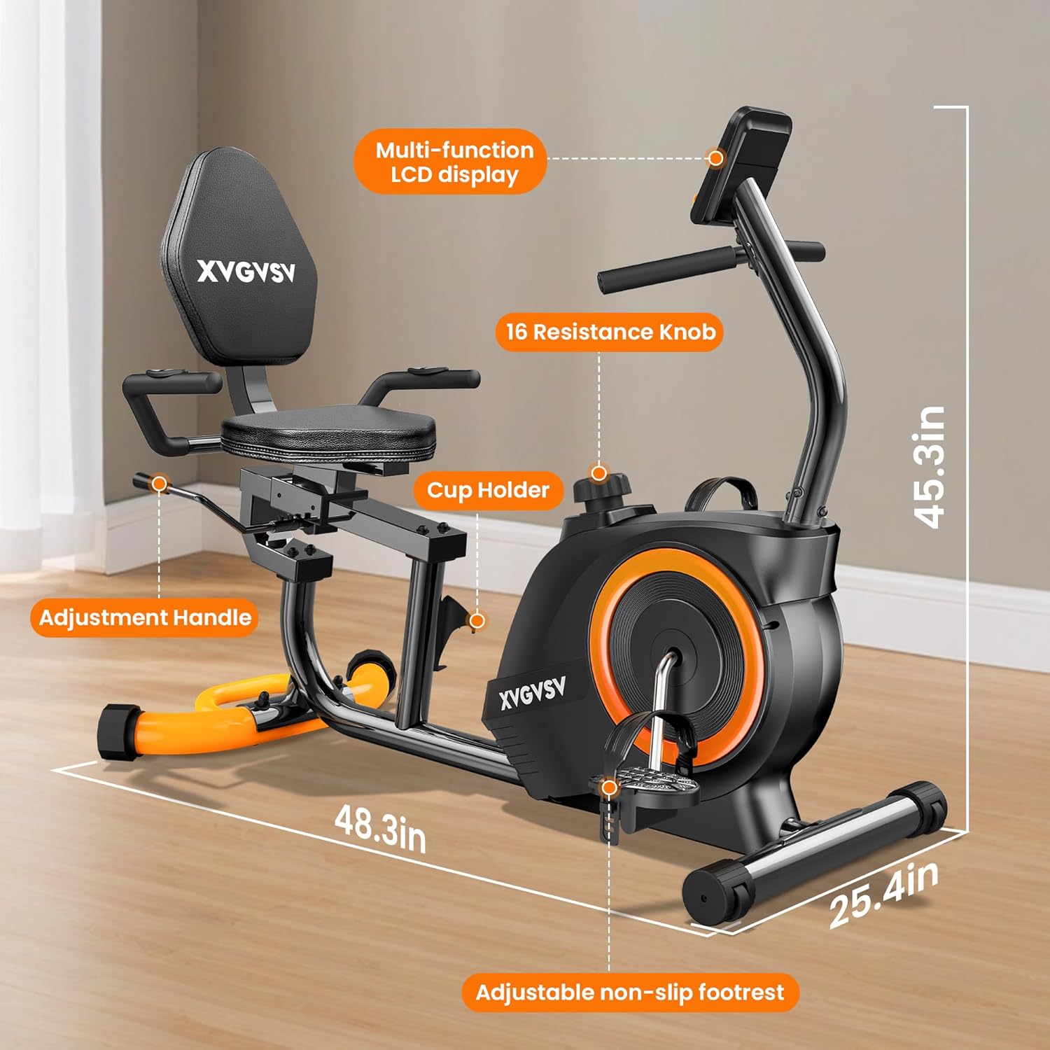 Recumbent Exercise Bike for Home Use, Quiet Recumbent Stationary Bikes for Adults & Seniors, 16-Level Resistance, Adjustable Seat, Supports 400LB, Pulse Sensors & LCD Display - Image 7