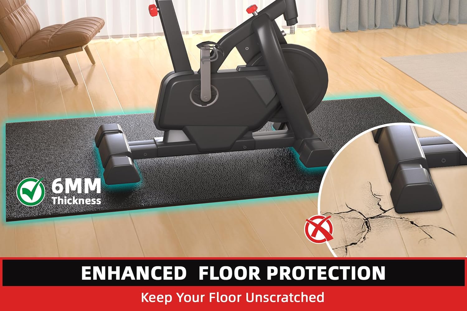 Treadmill Mat, 7'x3'/6'x3'/6'x2.5'/5.6'x2'/4'x2', 6mm Thick Exercise Equipment Gym Mat for Hardwood FloorCarpet, Compatible with Peloton Bike, Indoor Spin Bike, Elliptical - Image 8
