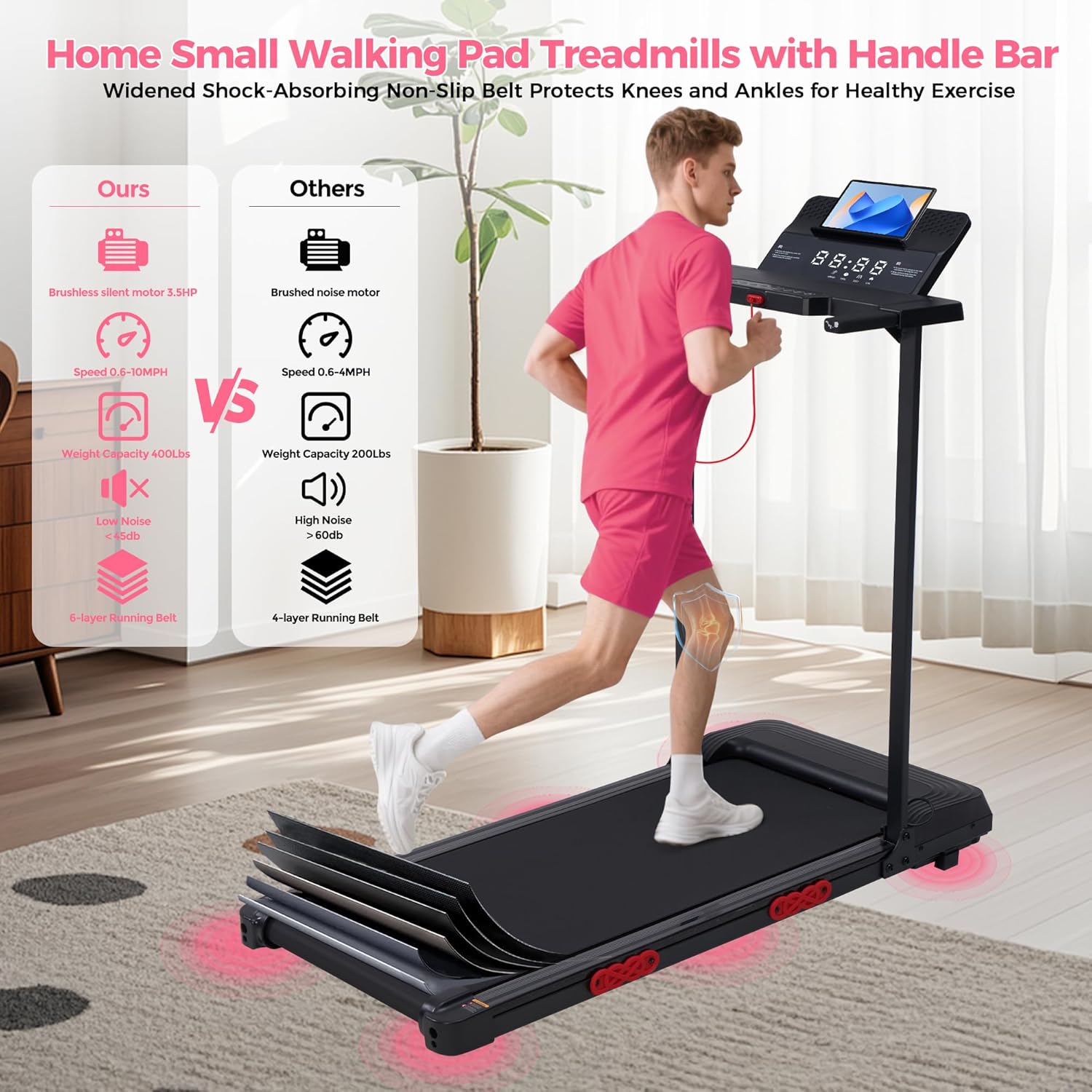 Foldable Folding Walking Pads Treadmills for Home with Handles, 3.5HP Electric Walking Pad Treadmill with Handle Bar, 0.6-10MPH Compact Portable Home Small Treadmills for Small Spaces, 400LBS - Image 6