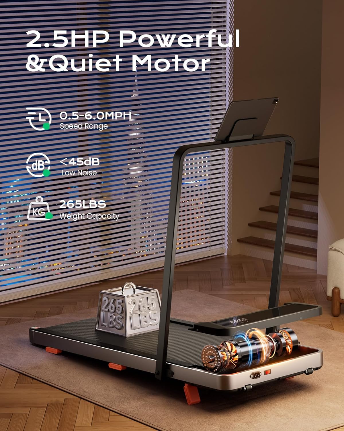 Walking Pad,Treadmill with Incline for Home Office, 2.5HP Portable Under Desk Treadmill with 265 Lbs Capacity,Remote Control, Led Display - Image 4