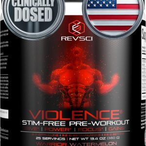 VIOLENCE Stim Free Pre Workout Powder by REVSCI, Precision Dosed Non Stim Preworkout Pump Pre Workout Caffeine Free Pre Workout Powder, Pump Supplement & Stimulant Free Nitric, Watermelon, 25 Servings