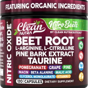 Clean Nutra Organic Beet Root Capsules L Arginine L Citrulline Pine Bark Nitric Oxide Beetroot Powder Arginine Citrulline Supplement Pre Workout Supplements Extract – 120 Vegan Pills