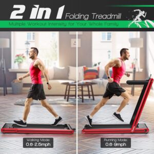 GYMAX 2 in 1 Under Desk Treadmill, Folding Running Machine with Dual LED Display, APP & Remote Control, Walking Pad Jogging Machine for Home Gym Small Space (Red)