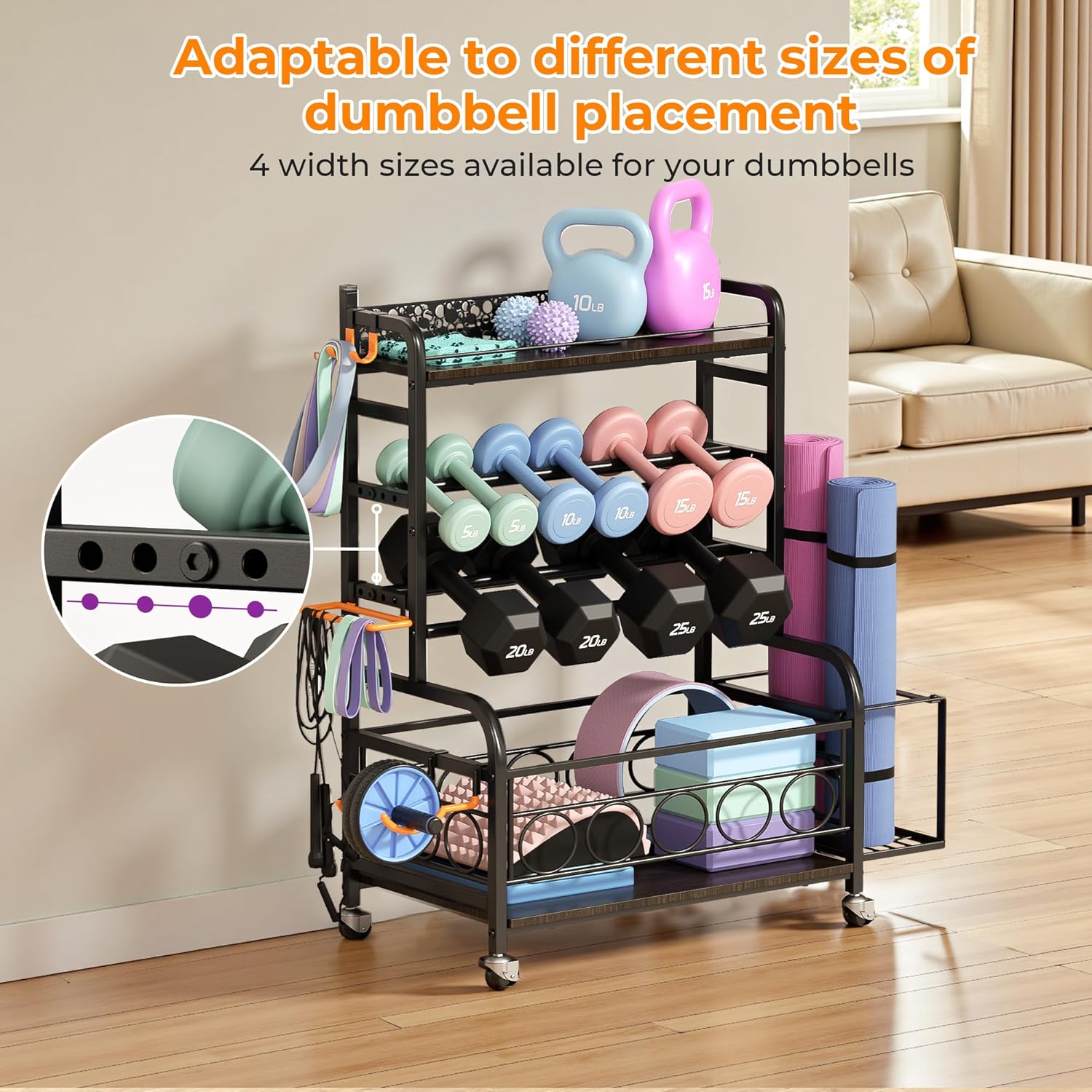 VOPEAK Dumbbell Rack, Weight Rack for Home Gym, Weight Rack for Dumbbells with Wheels and Hooks, Home Gym Storage Rack for Yoga Mat Kettlebells and Strength Training Equipment, Powder Coated Finish Steel - Image 4