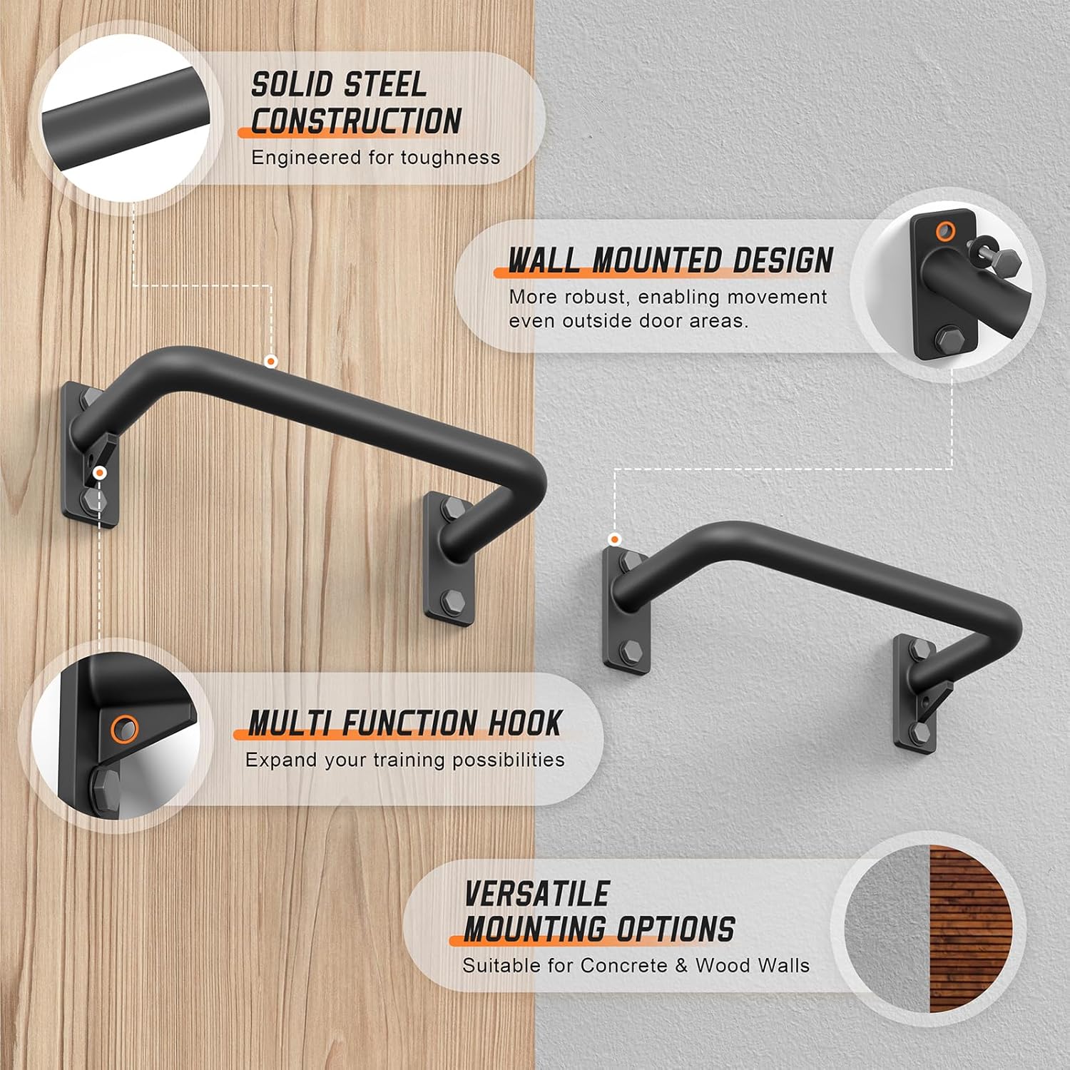 Pull Up Bar for Doorway, Heavy Duty Strength Training Pull-Up Bars for Home Gym, Wall Mounted/Joist Mounted/Ceiling Mounted Chin Up Bar with Reinforced Thick Metal Construction - Supports 500 lbs for Full-Body Workouts - Image 5
