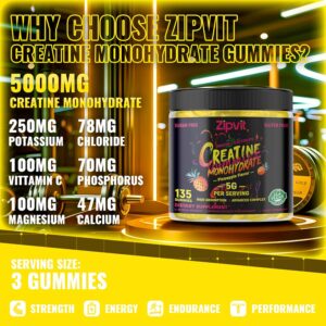 Zipvit Creatine Monohydrate Gummies (5g) – Pre-Workout Energy & Muscle Growth Support for Men & Women | Pineapple Electrolyte Gummies (135 Count)
