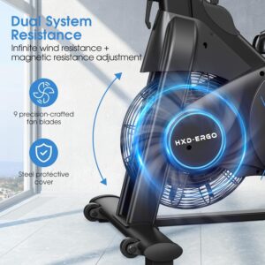 HXD-ERGO Exercise Bike, Indoor Magnetic & Air Bike, Stationary Bike for Home with Silent Belt Drive, Adjustable Resistance, App Compatible Cycling Bike with LCD Monitor, 350lbs Capacity Workout Bike