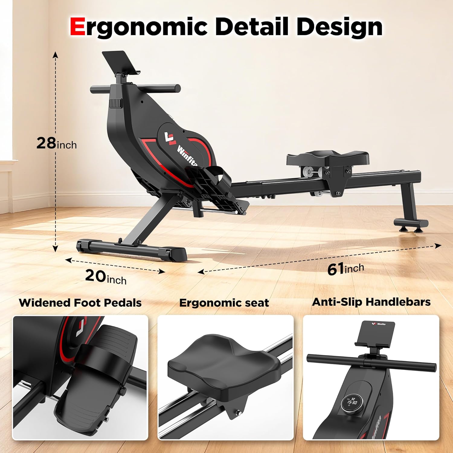 Rowing Machines for Home,Quiet Resistance Magnetic Rower Machine with 32 Levels,350lb Weight Capacity,Compact Dual Slide Rail,LED Monitor & Comfortable Seat,App Supported&Tablet Holder - Image 9