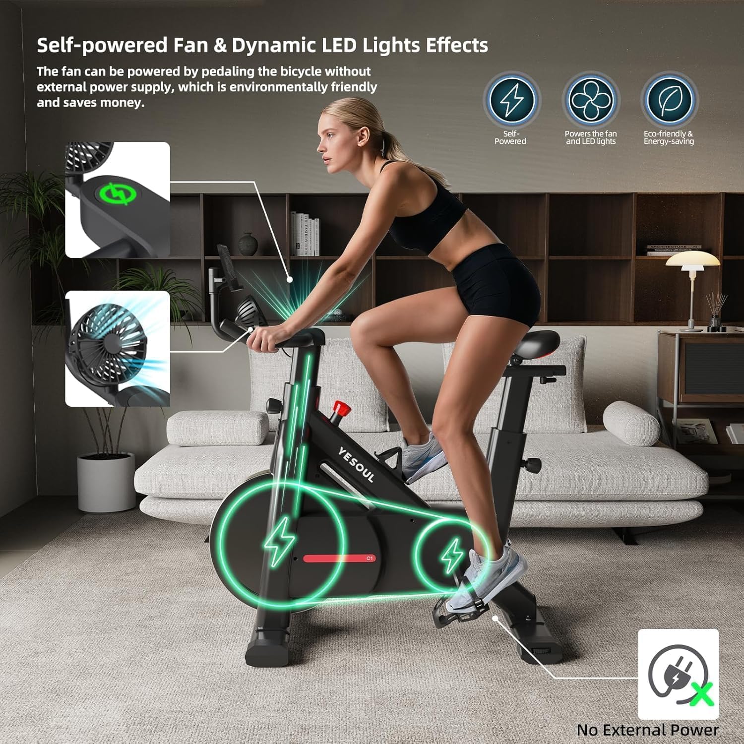 YESOUL Self Powered Exercise Bike with Exclusive Smart App, Adjustable Magnetic Resistance & 300lbs Capacity, Indoor Stationary Cycling Bike with Stable Triangle Frame, Scenic Rides & Live Classes for Home Workouts - Image 4