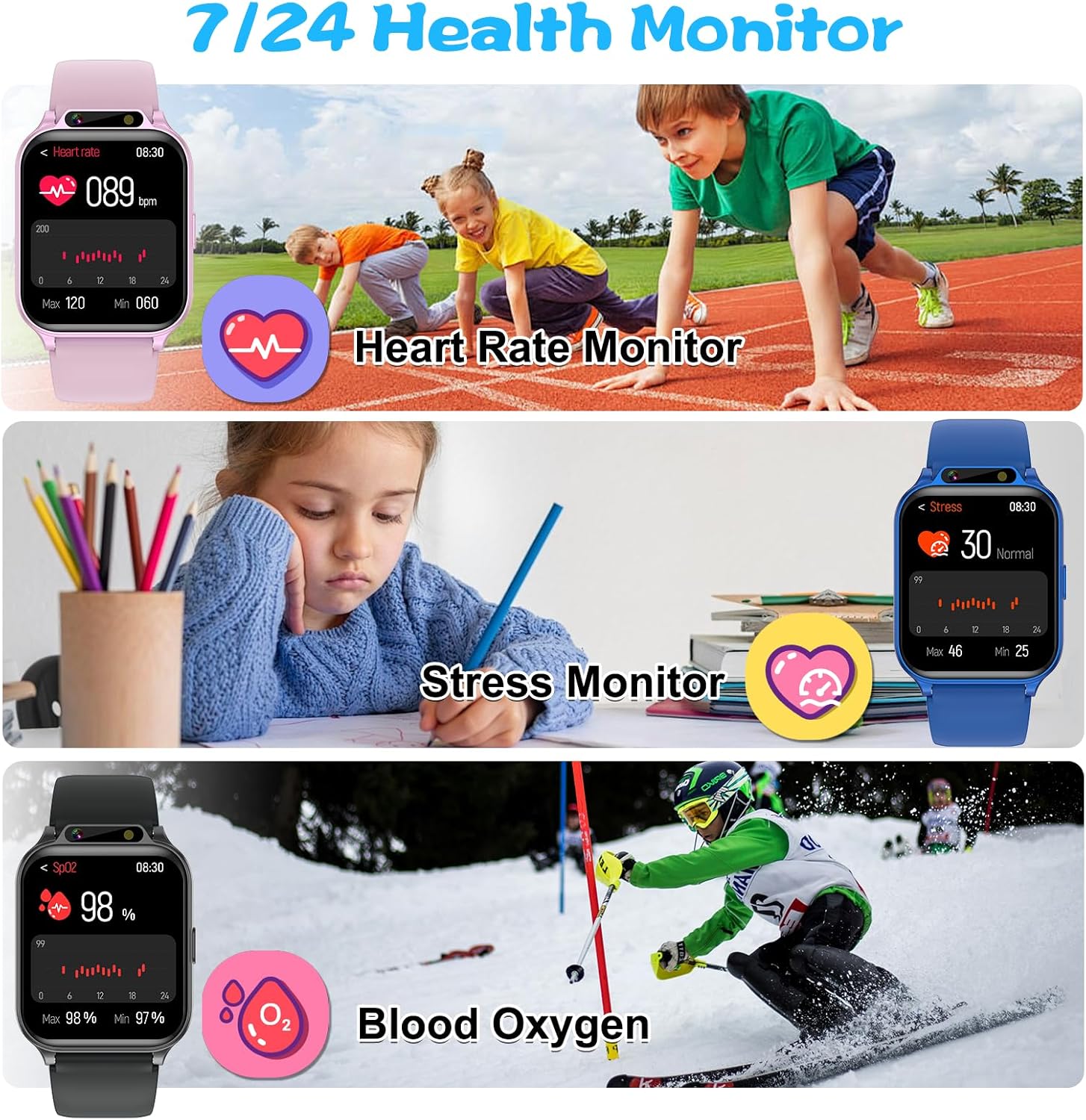 Smart Watch for Kids, 1.85" Fitness Tracker with Heart Rate, Sleep Monitor, IP68 Waterproof Smartwatches with Video Music, Pedometer, Game, NO APP/Phone, Gift for Boys Girls. (Classic, Blue) - Image 4