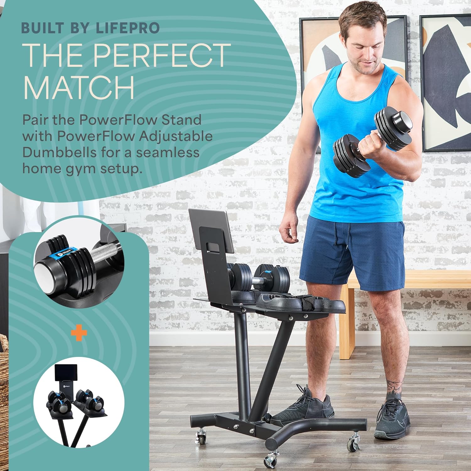 Lifepro Adjustable Dumbbell Stand Rack - Compatible with PowerFlow Plus, PowerUp Plus, and for More Brands- Phone Holder, featured Castors - Home Gym Storage and Convenient Strength Training - Image 7