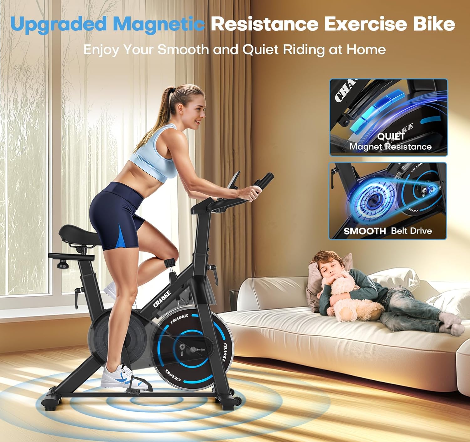 Exercise Bike, CHAOKE Quiet Magnetic Resistance 300LB Capacity Stationary Bike for Home with App Compatible, Indoor Bike with Comfortable Seat and Digital Display - Image 4