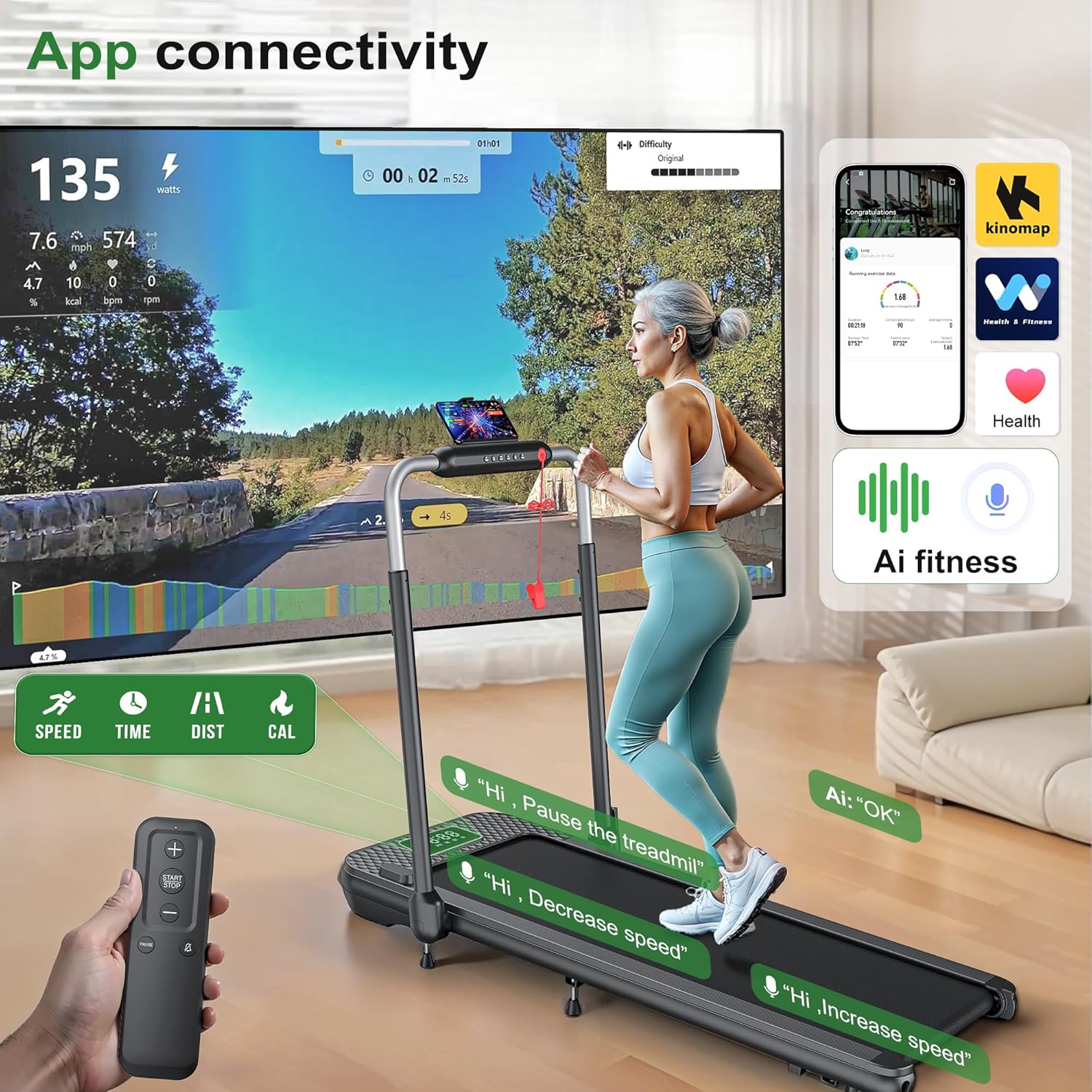WELLFIT Folding Treadmill with 10% Incline,340+ lbs Capacity Portable Treadmills with Handlebar, Under Desk Treadmill for Home Office,Low Noise Walking Pad with Smart Voice Control for Jogging Running - Image 8