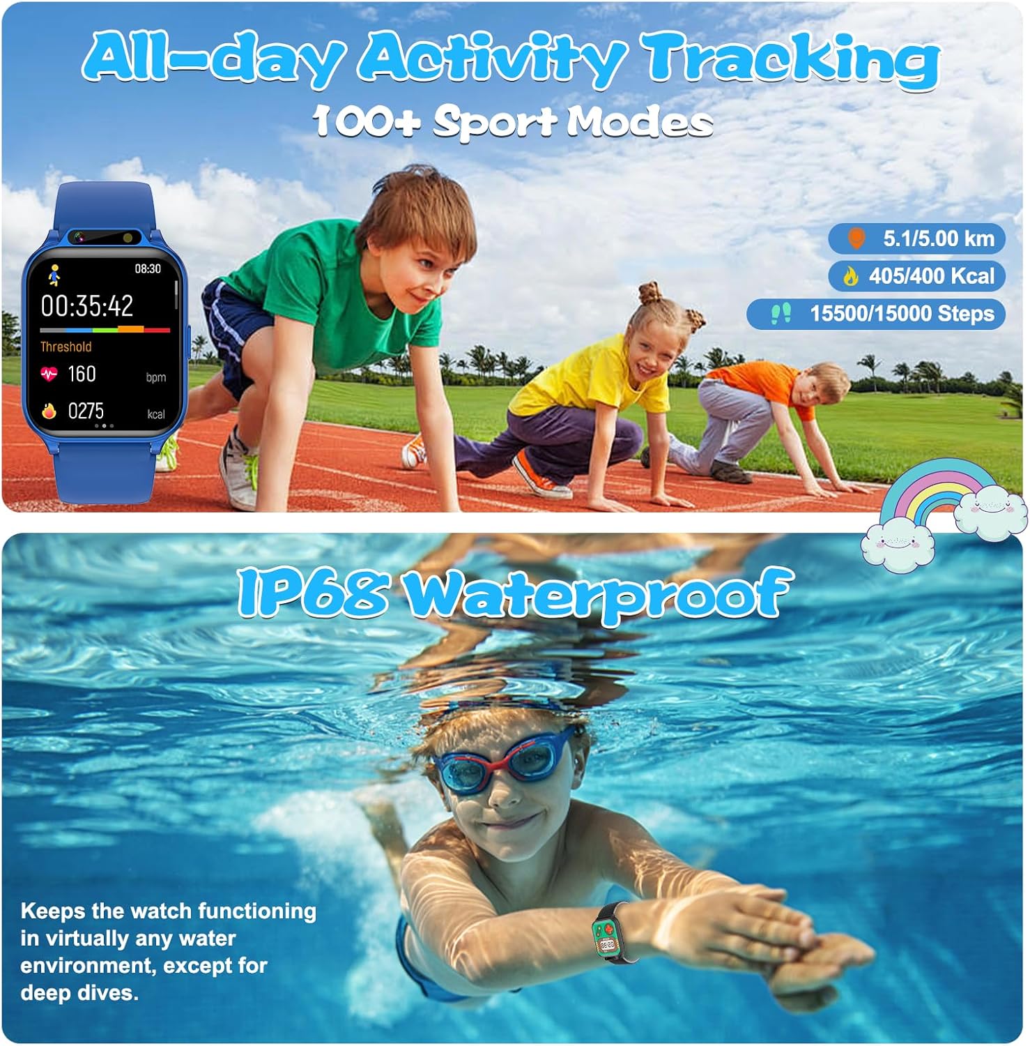 Smart Watch for Kids, 1.85" Fitness Tracker with Heart Rate, Sleep Monitor, IP68 Waterproof Smartwatches with Video Music, Pedometer, Game, NO APP/Phone, Gift for Boys Girls. (Classic, Blue) - Image 6