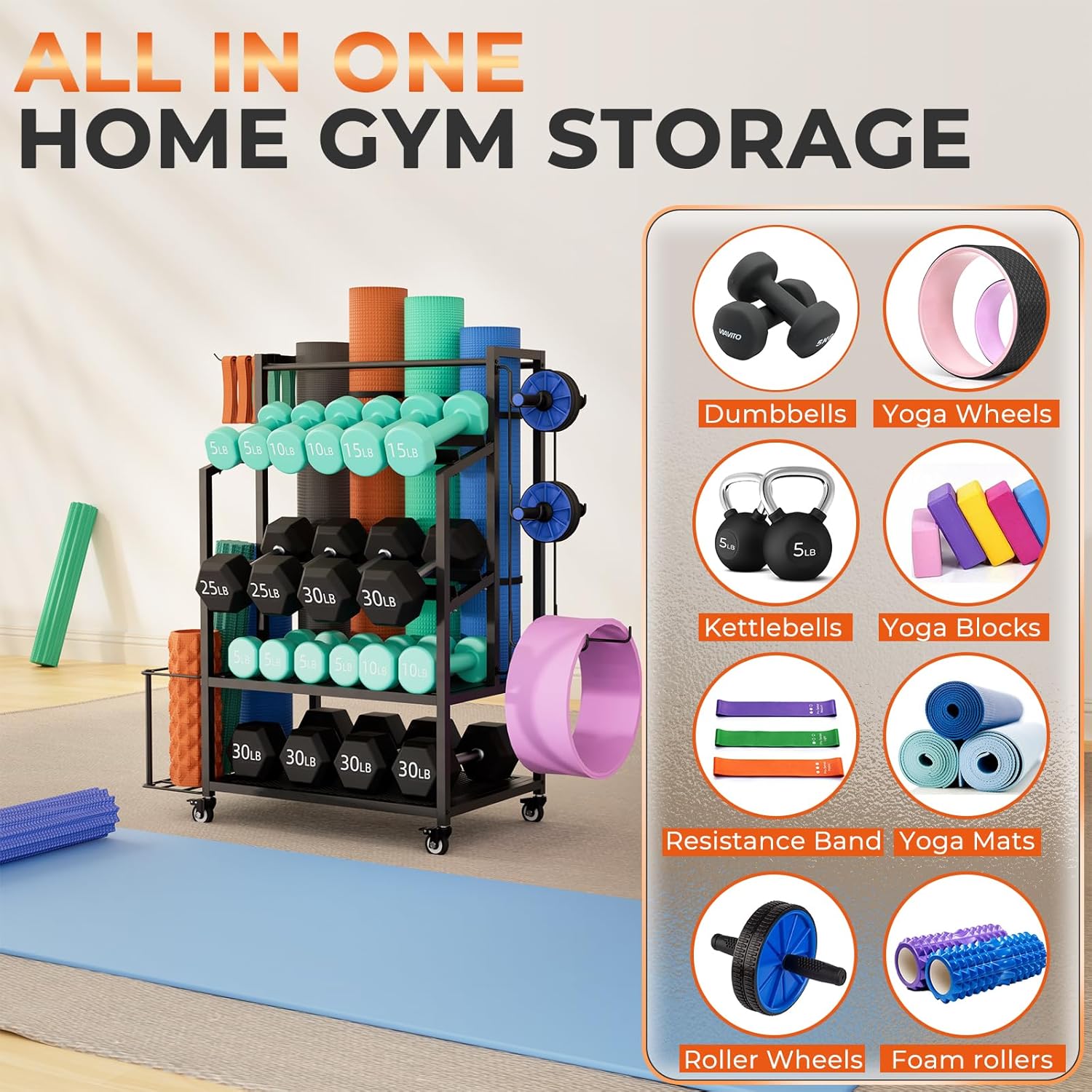 600LBS Dumbbell Rack Weight Stand - Bonvork Adjustable Weight Rack for Dumbbells, Home Gym Storage Rack for Yoga Mat Foam Roller Kettlebells, Workout Equipment Storage Organizer With Wheels - Image 3