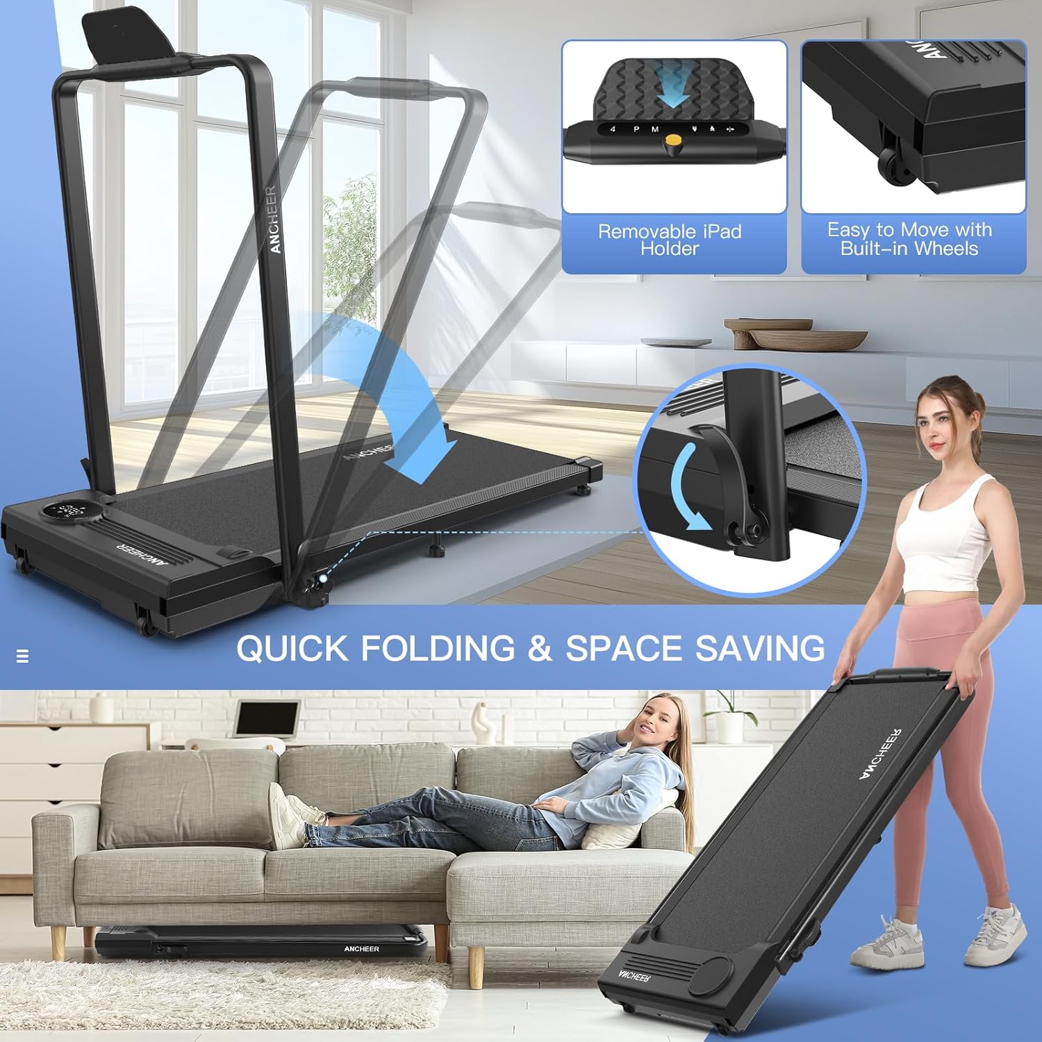 ANCHEER Walking Pad Treadmill with Incline and Handle Bar - Under Desk Treadmill 4 in 1 Folding Treadmills for Home Office/LED Display/Dual Control/12 Preset Programs - Image 6
