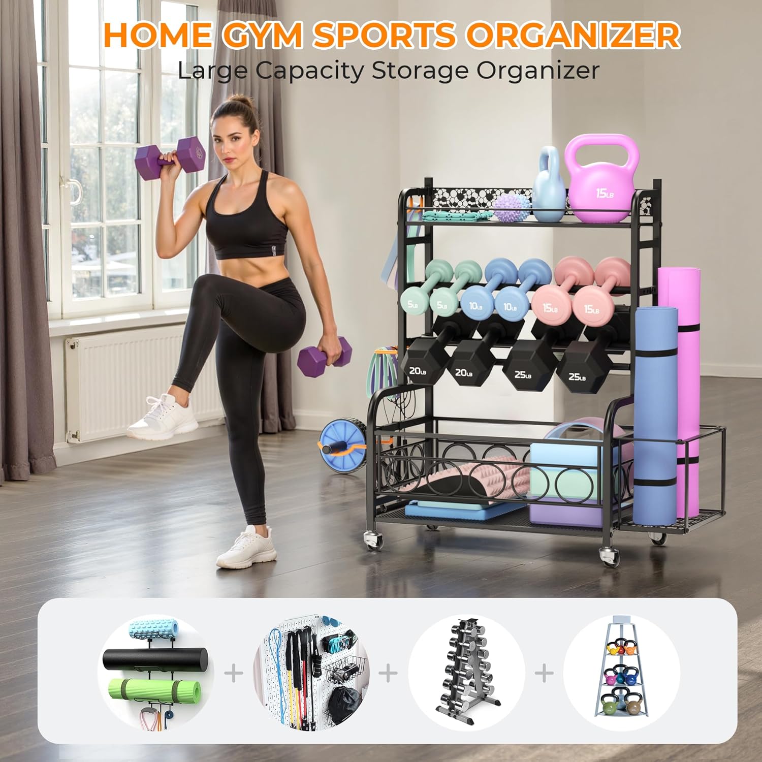 VOPEAK Dumbbell Rack, Weight Rack for Home Gym, Weight Rack for Dumbbells with Wheels and Hooks, Home Gym Storage Rack for Yoga Mat Kettlebells and Strength Training Equipment, Powder Coated Finish Steel - Image 3