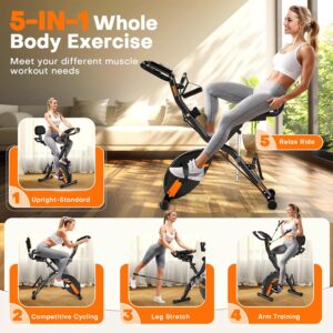 Folding Exercise Bike, SLUNSE 5 IN 1 Foldable Stationary Bike for Home, Indoor Cycling Bike with 16 Level Adjustable Magnetic Resistance, 350LBS Weight Capacity, Soft Seat Backrest For Fitness Workout