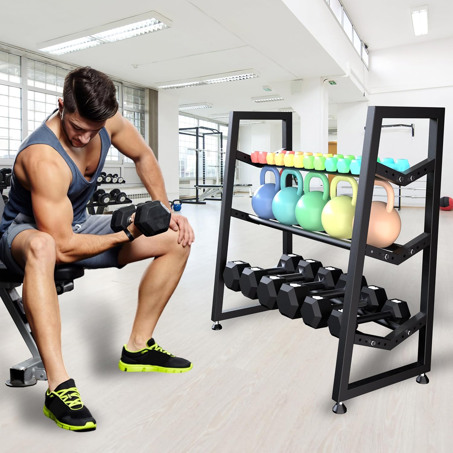 Upgraded V-type 3-Tier Dumbbell Rack, Adjustable Heavy-Duty Metal Weight Rack for Dumbbells, Kettlebells & More, Space-Saving Home Gym Organizer (Dumbbells Not Included) - Image 5