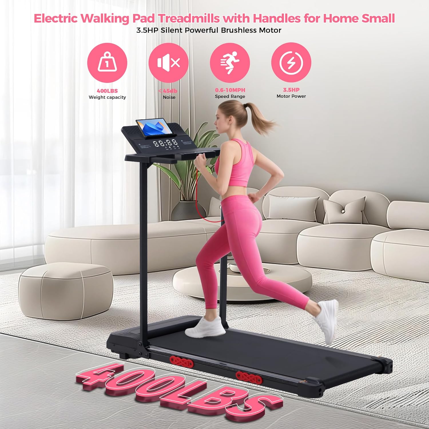 Foldable Folding Walking Pads Treadmills for Home with Handles, 3.5HP Electric Walking Pad Treadmill with Handle Bar, 0.6-10MPH Compact Portable Home Small Treadmills for Small Spaces, 400LBS - Image 3