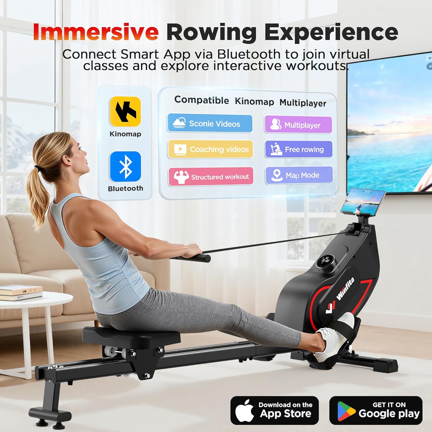 Rower Machine,32 Levels of Quiet Resistance Magnetic Rowing Machine for Home 350 lb Capacity,Compact Dual Slide Rail,Row Machine w/Monitor & Comfortable Seat, BT,App Supported&Tablet Holder - Image 4